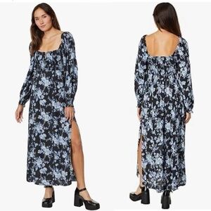 Free People Jaymes Midi Dress Floral Printed Blue Black Combo Smocked Slit NWT